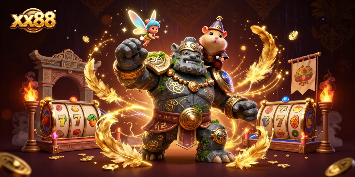 Experience the thrill of xx88 with a vibrant 3D illustration featuring a stone golem, fairy, and knight amidst casino elements.