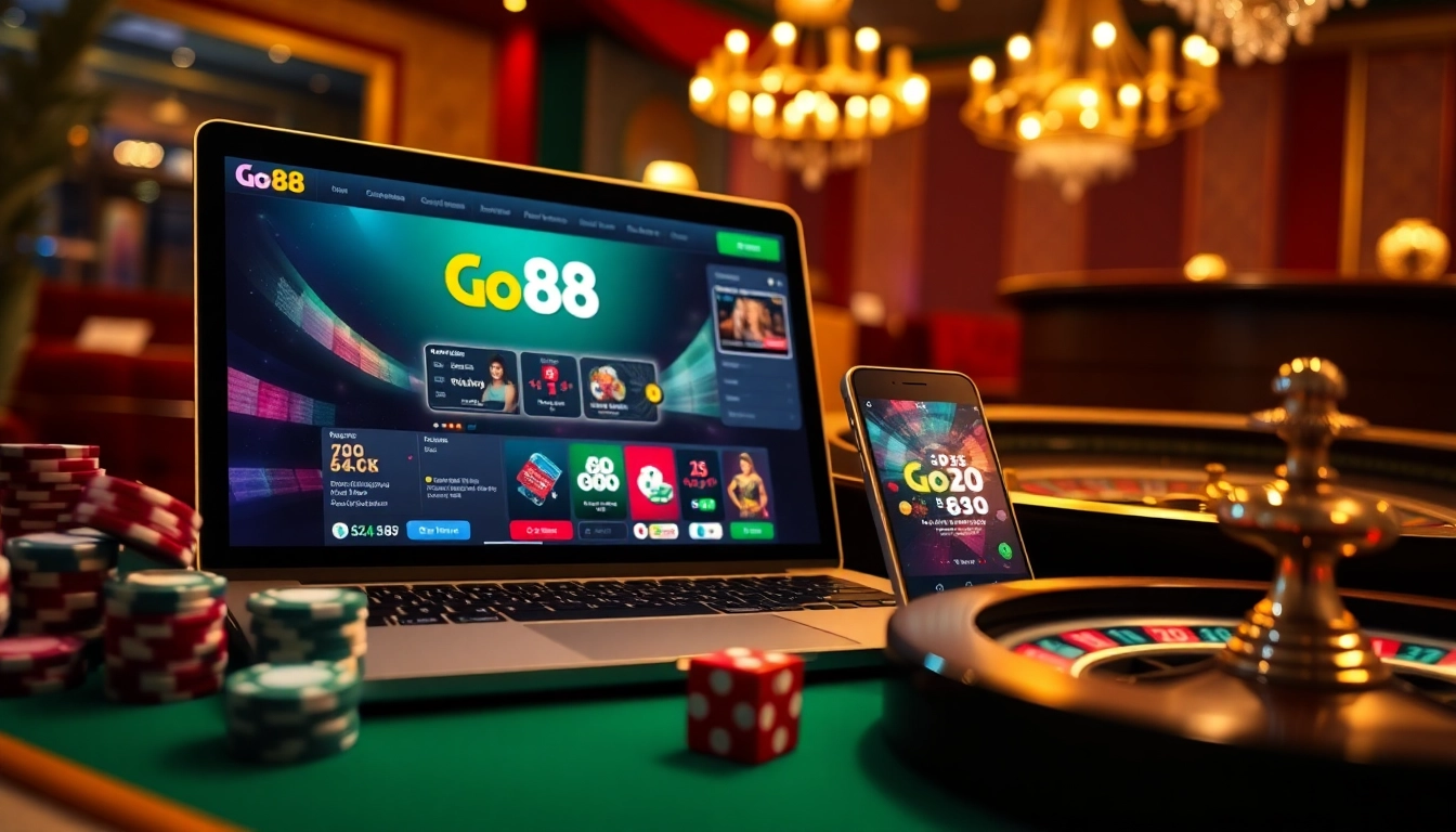 Engaging Go 88 online gaming scene showcasing poker chips and a roulette wheel, inviting excitement and luxury.