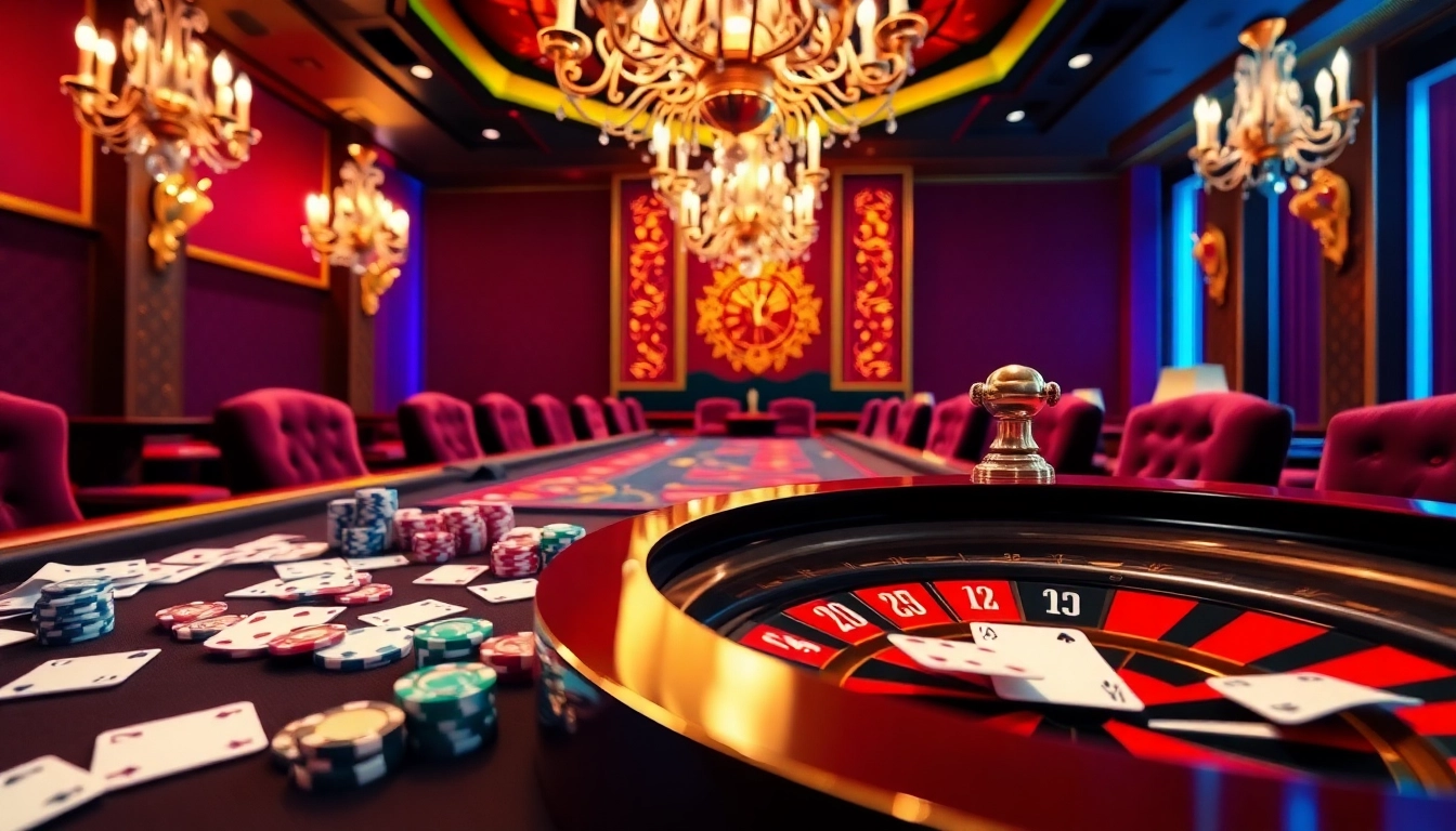 Experience a thrilling casino night with rich visuals from https://rr88.black/ showcasing poker chips, cards, and roulette tables.
