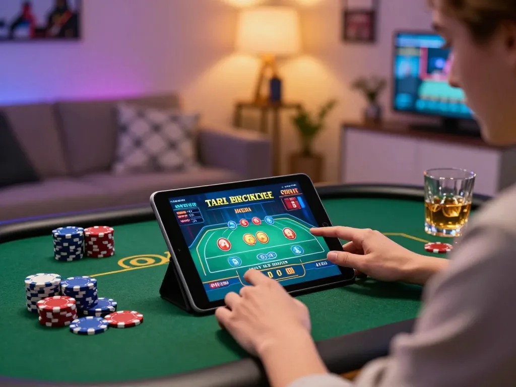 Player enjoying sc888 online casino on tablet, surrounded by poker chips and drinks.