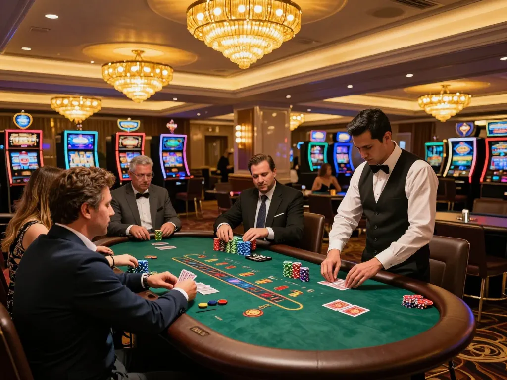 Tic88 uy tín players enjoying an upscale blackjack game with vibrant casino ambiance.