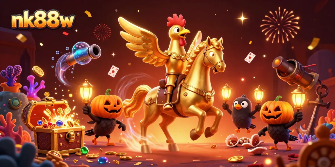 Engage in thrilling gameplay at nk88w with a vibrant casino scene showcasing a golden rooster amidst treasure and festive elements.