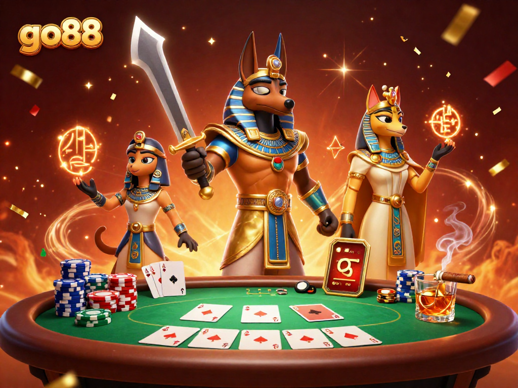 Engage with go88's vibrant casino scene showcasing an ancient Egyptian warrior and cat amidst poker elements.
