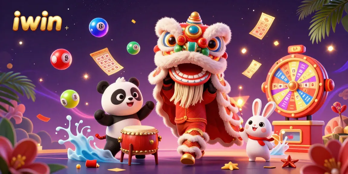 Win big with iwin as playful characters dance amidst colorful lottery elements and vibrant decorations.