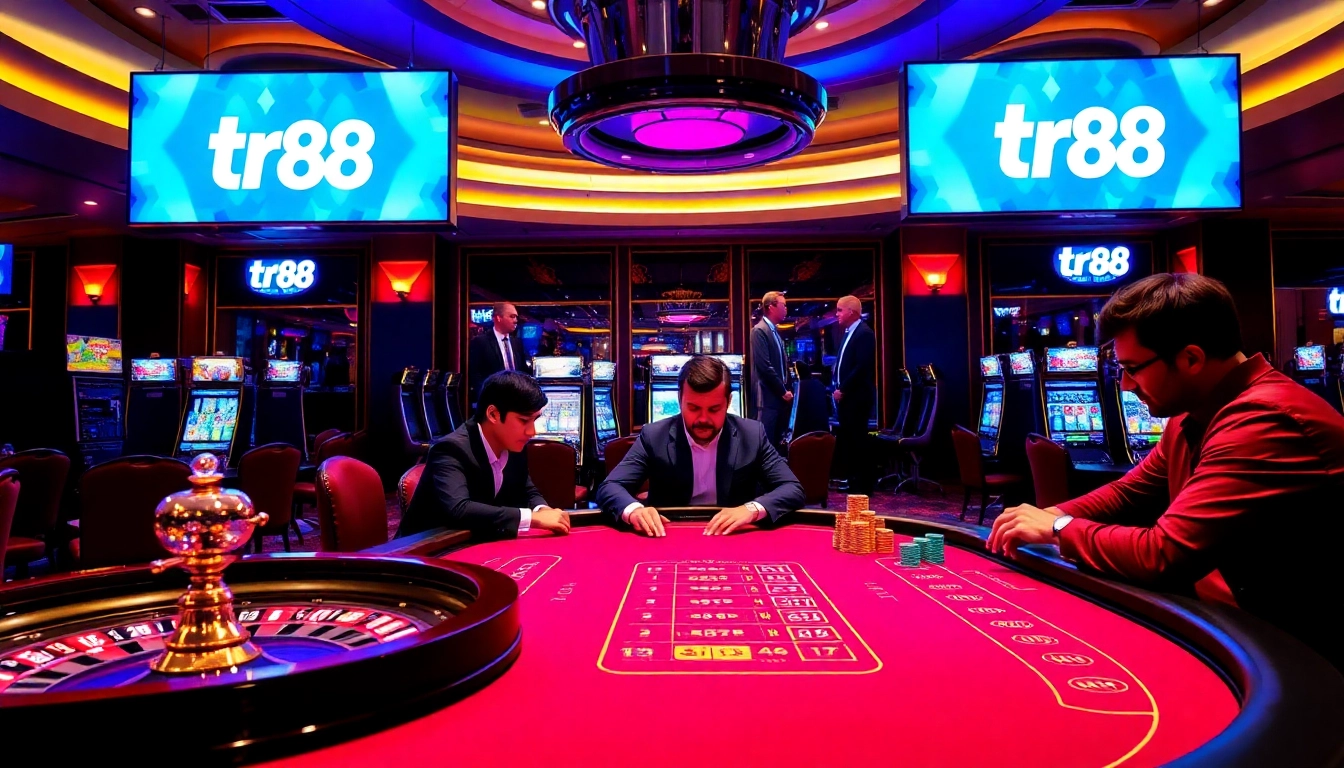 Experience high-stakes gameplay with tr88 at this luxurious casino poker table.