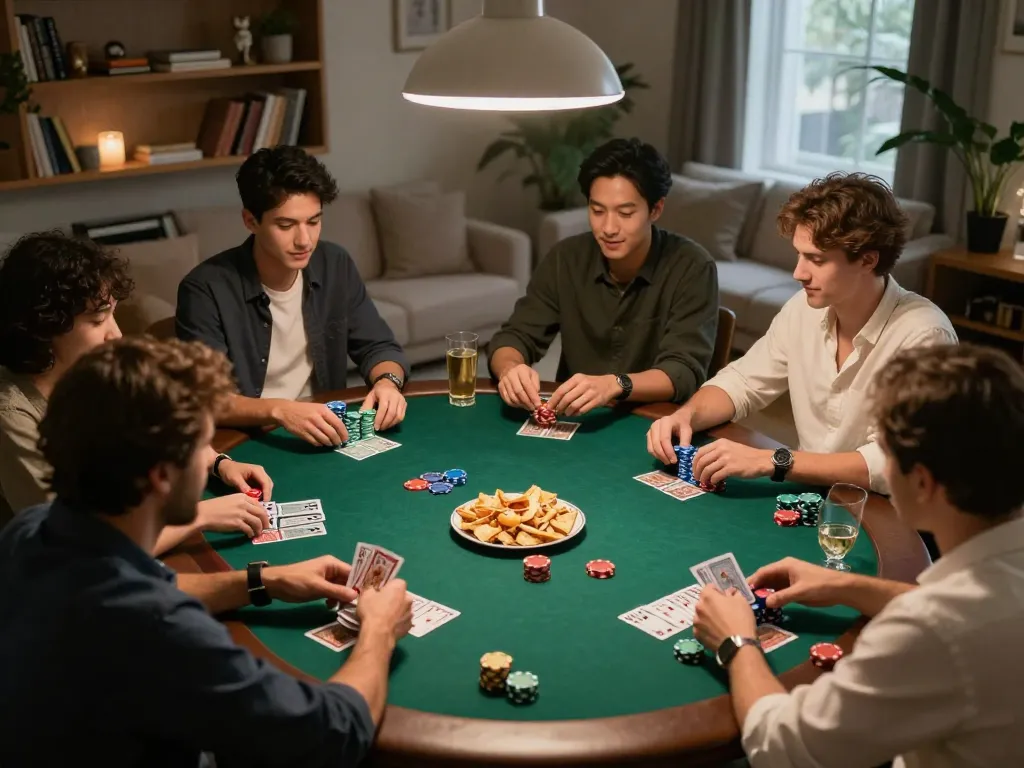 Engaged friends enjoying poker night at home, highlighting strategic gameplay and the hitclub experience.