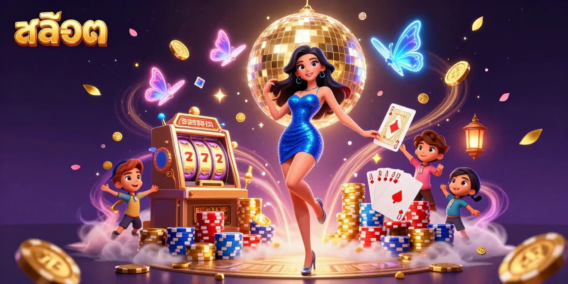 Experience the thrill of สล็อต with a glamorous dancer amidst golden coins and vibrant casino elements.