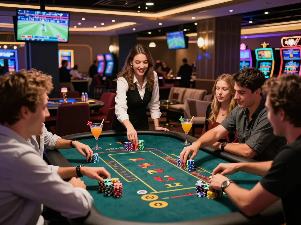 Group of friends enjoying gambling at SC88 casino table, vibrant colors and festive atmosphere.