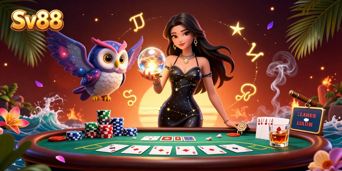 Engage with thrilling poker strategies at Sv88, featuring colorful chips, aces, and vibrant casino atmosphere.