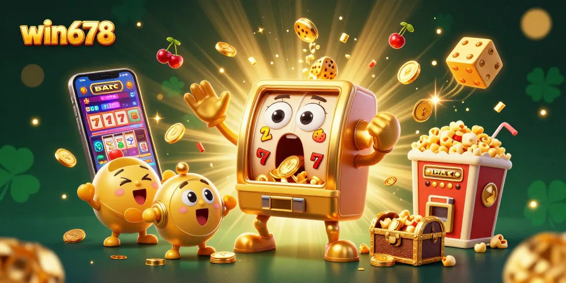 Win678 slots explosion: a golden slot machine wins as coins cascade, electrifying a vibrant casino scene.
