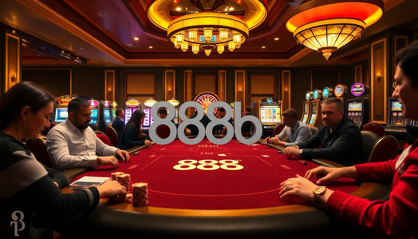 Players engage at the sophisticated 888b casino table, highlighting the thrill of gambling.