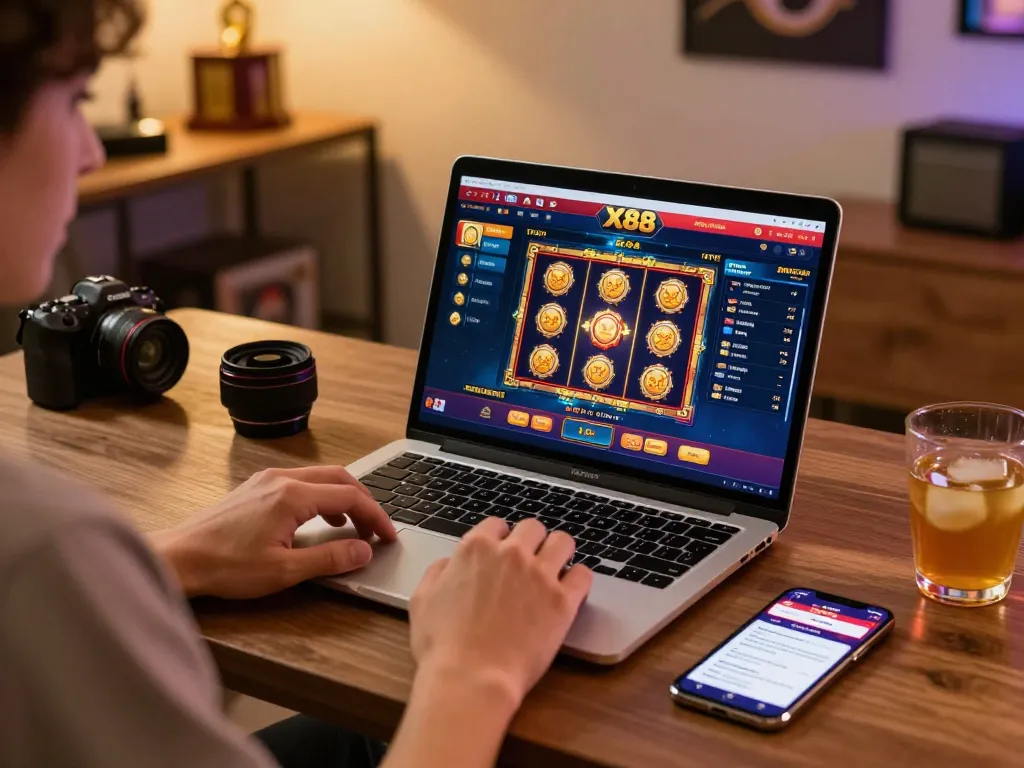 Engaged player enjoying online gaming at https://x88.design/ with a laptop and smartphone, creating a cozy atmosphere.