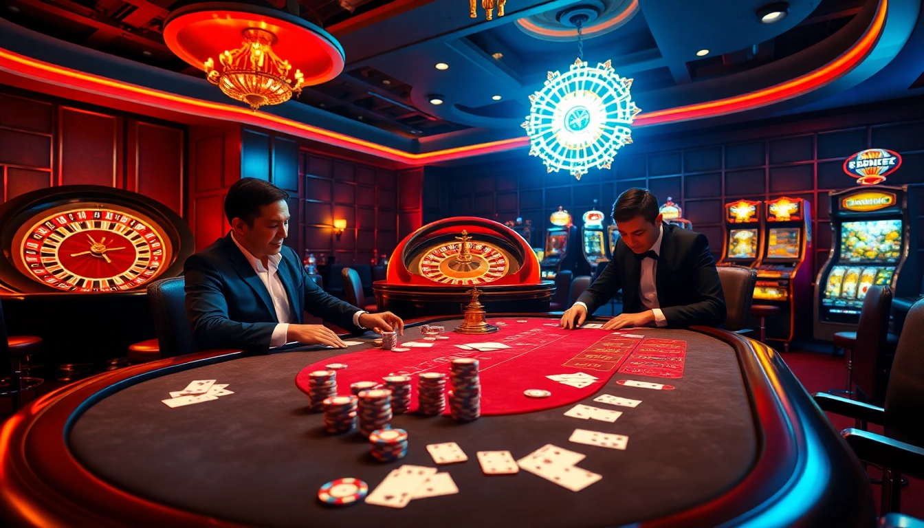 Engaged players at a poker table in a luxurious casino setting representing https://bem88.com.