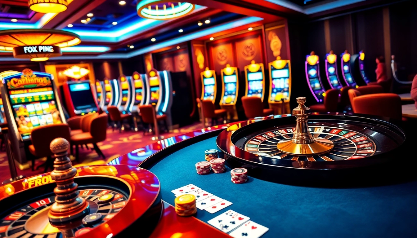 A thrilling casino scene at QQ88 featuring poker, roulette, and slot machines, conveying excitement and luxury.