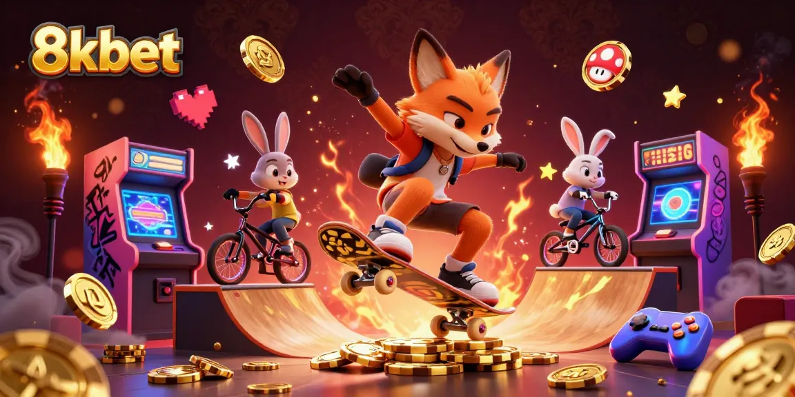 Experience thrilling 8xbet action with a 3D skateboarder fox and BMX rabbit amid casino elements.