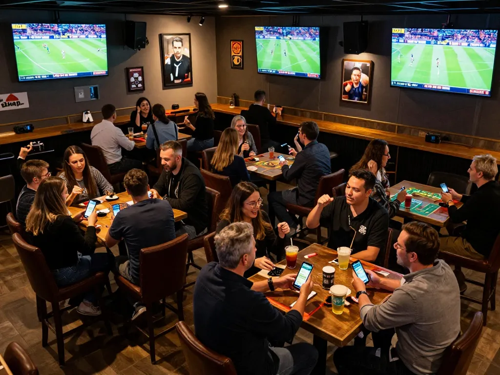 Patrons engaging with the 888new bet app while celebrating sports betting wins in a lively indoor sports bar