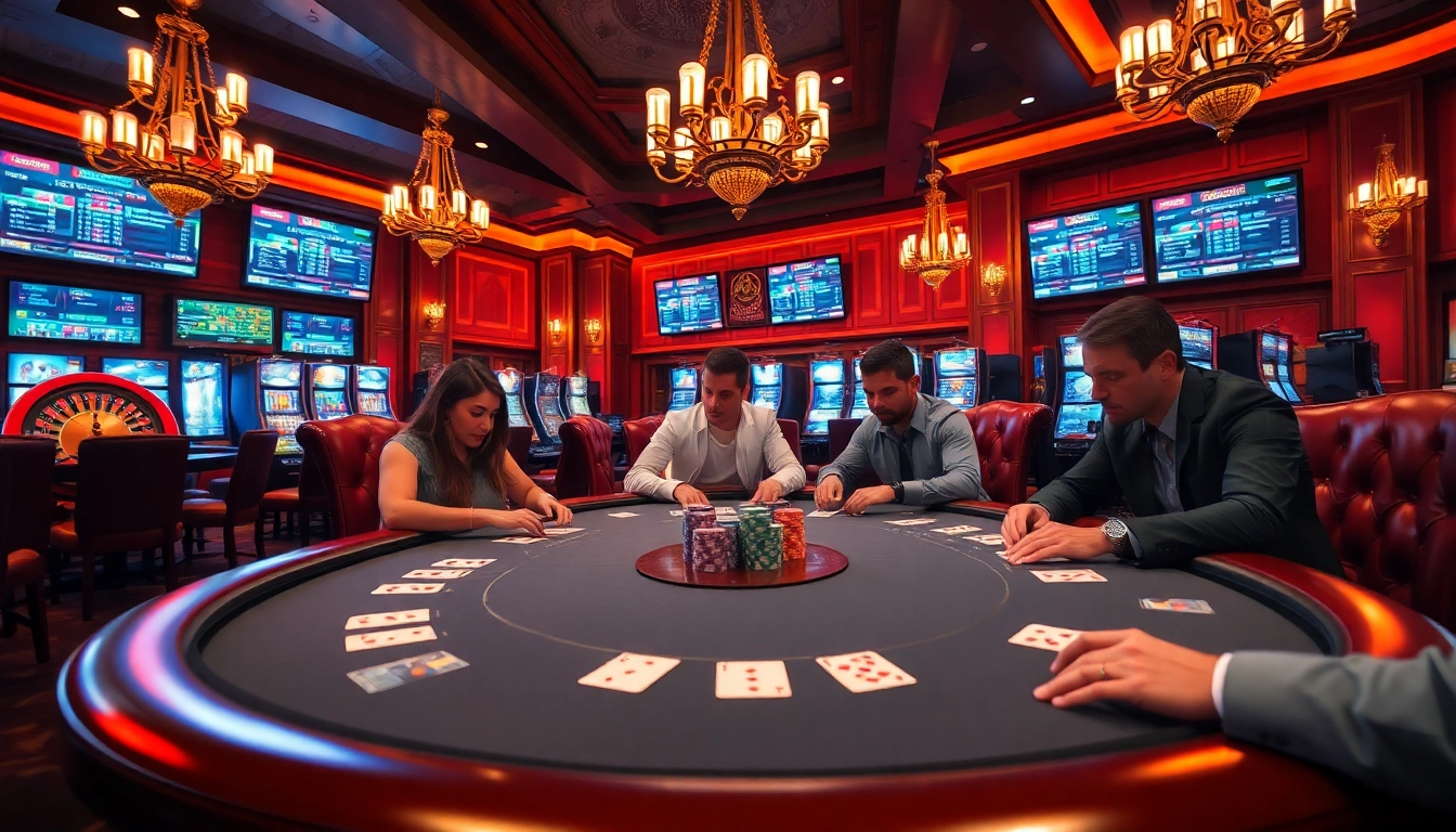 Players engaged in a thrilling poker game at 68VIP's luxurious casino, showcasing vibrant chips and cards.