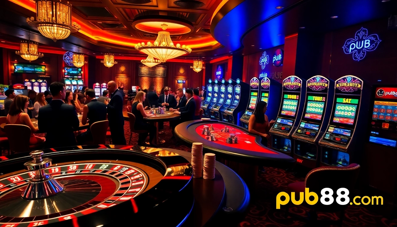 Engaging players at the vibrant casino with pub88 com branding highlighted on the poker table.