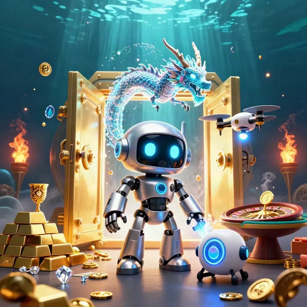 Chrome robot, holographic dragon and coin drone amid treasure vault, gold, teal glow and casino gear.