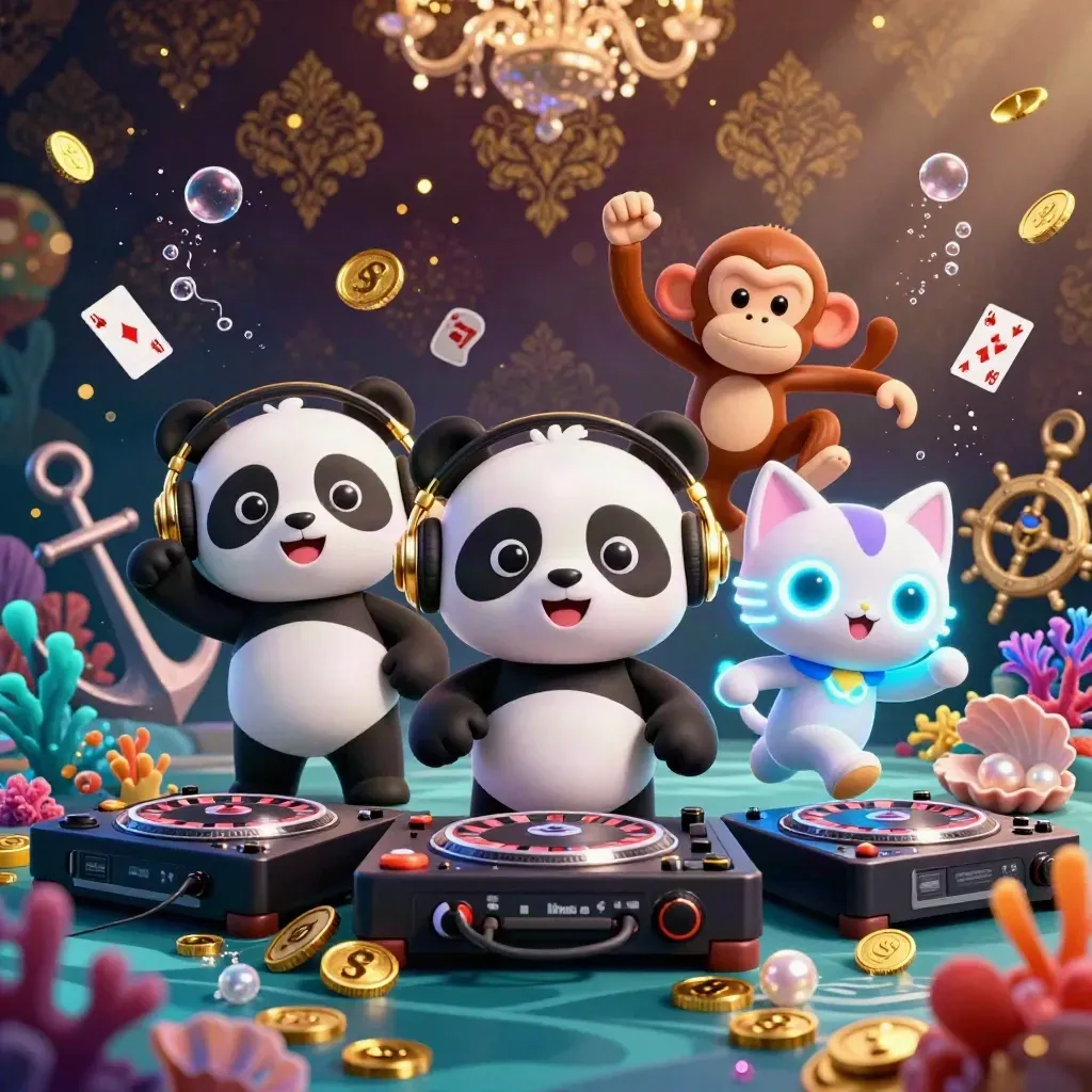 Panda DJ, dancing monkey, and glow-kitten in a treasure cove with coins, coral, and glowing lights.