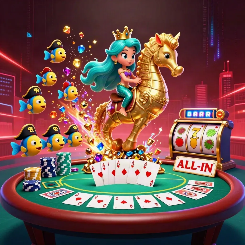 Mermaid princess on a golden seahorse amid poker chips, aces, fish and neon casino magic.