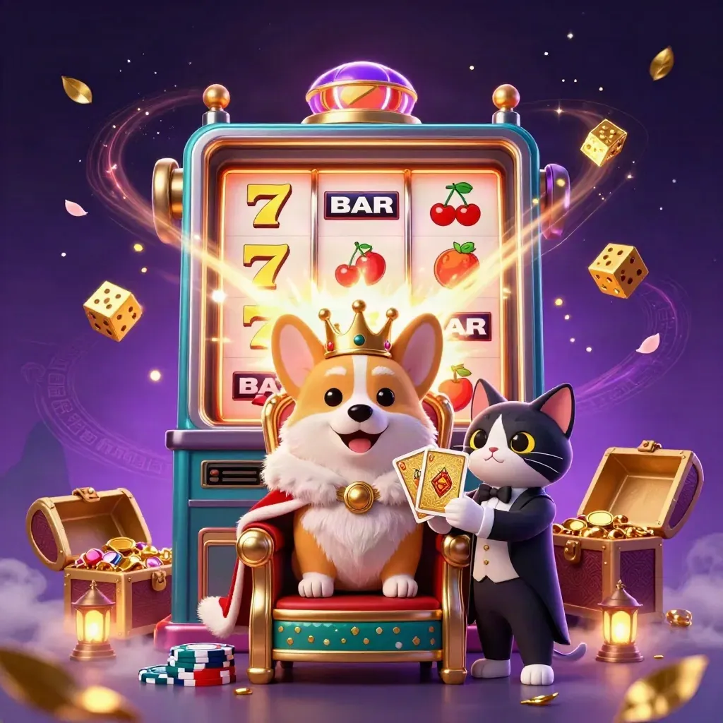 Crowned corgi and cat butler amid exploding slot machine, dice, gold and neon magic.