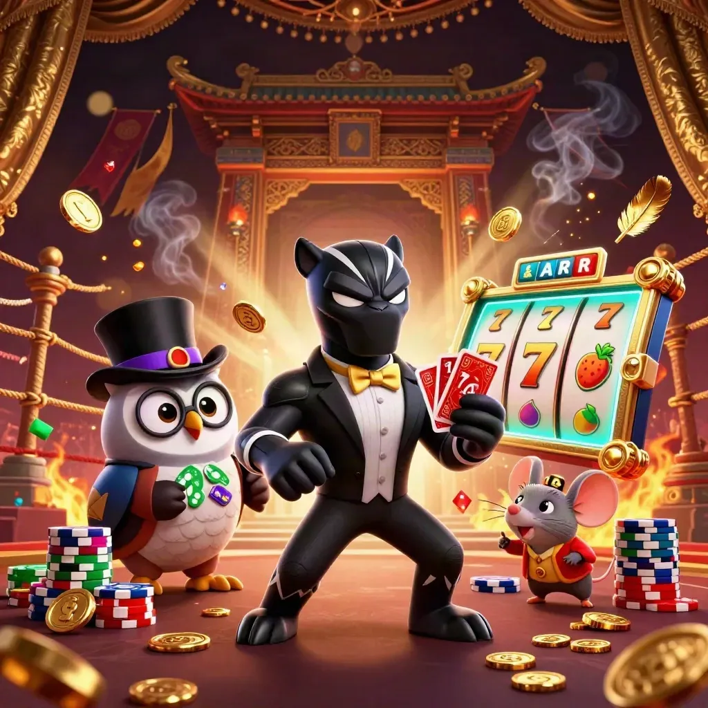 Panther, owl and mouse deal cards amid gold, teal glow, temple gate, chips, coins and casino sparks.