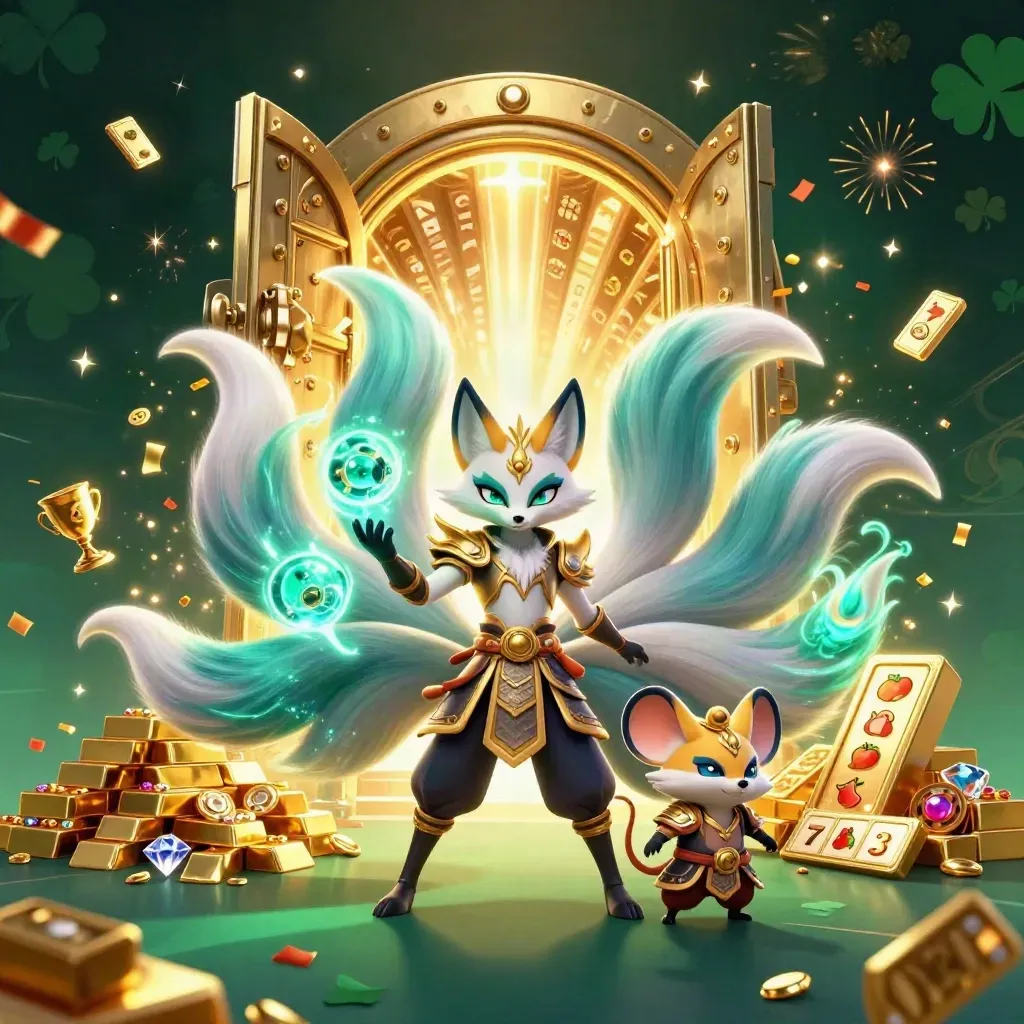 Nine-tailed fox spirit and samurai mouse burst from a golden vault amid gems and teal magic.