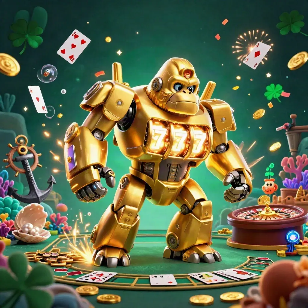 Golden gorilla slot mech with monkey pilot amid coins, coral, cards, roulette and fireworks.