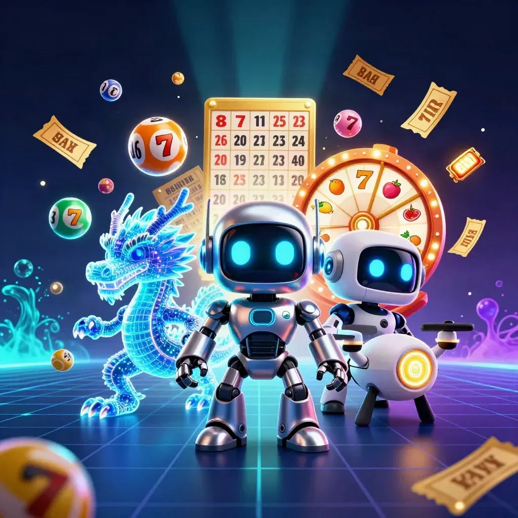 Chrome robot, holographic dragon and coin drone amid glowing casino reels and underwater neon effects.