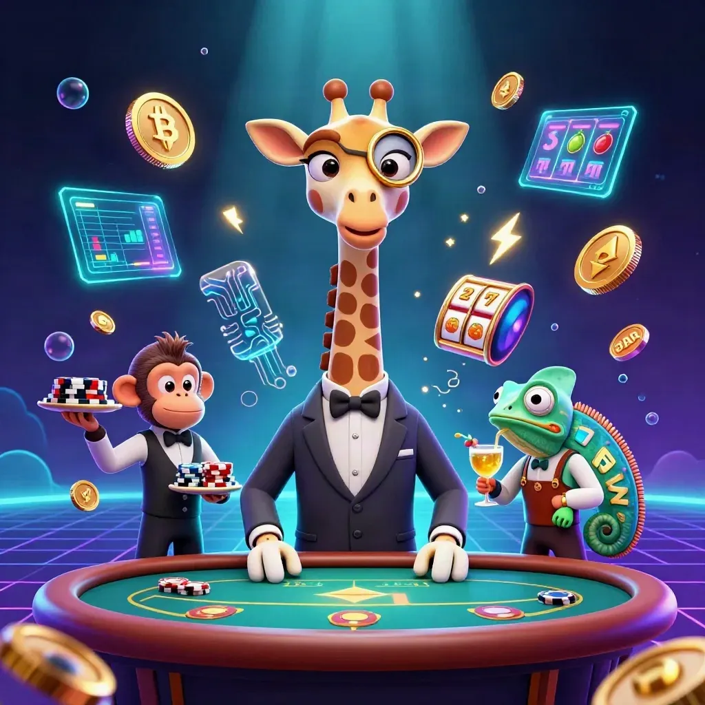 Giraffe, monkey, and chameleon at a glowing VIP poker table with casino coins and neon effects.