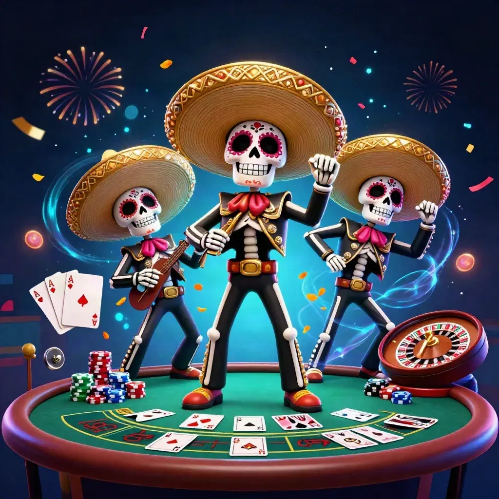 Skeleton mariachi trio amid casino chips, cards, roulette wheel, fireworks and neon sparks.