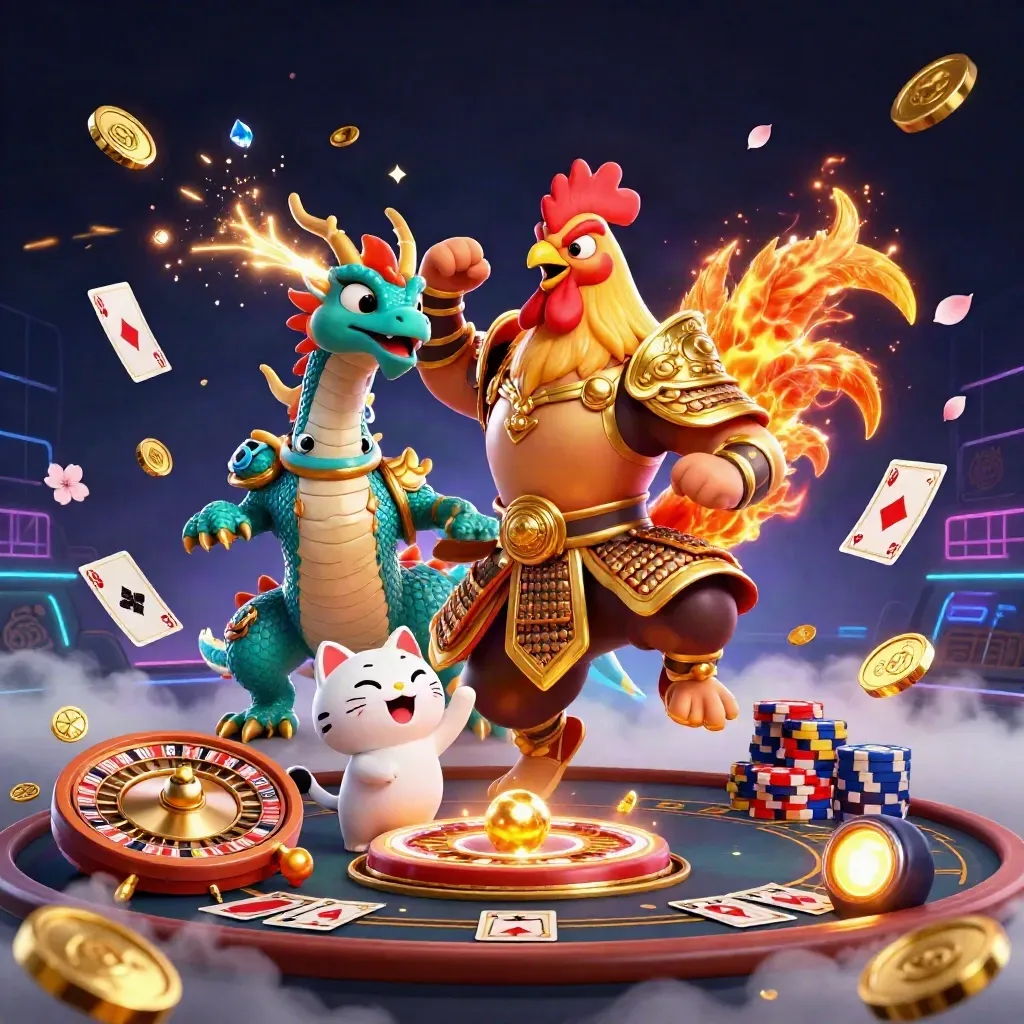 Rooster samurai, spark-breathing dragon hatchling and cheering fortune cat amid casino gold and neon