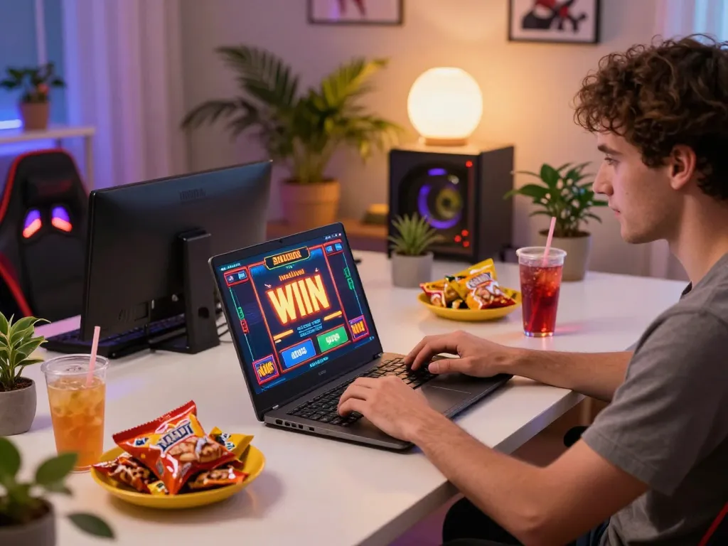 Player enjoying online slots at home with f8betz app on laptop, celebrating a big win