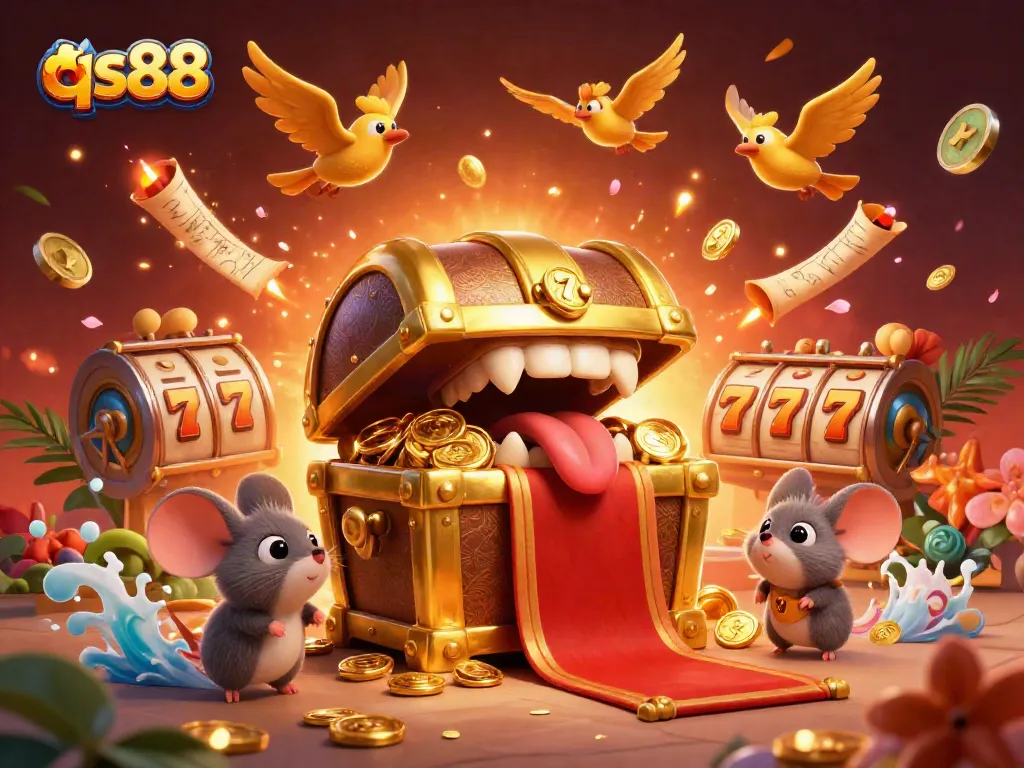Experience the thrill of winning big at qs88 with a vibrant 3D treasure chest scene filled with casino elements.
