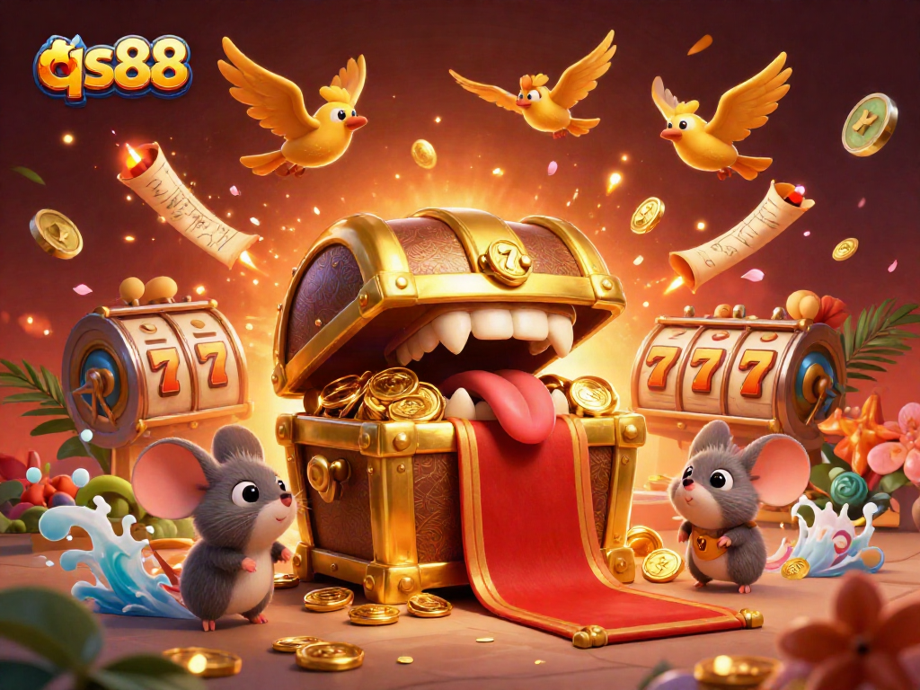 Experience the thrill of winning big at qs88 with a vibrant 3D treasure chest scene filled with casino elements.