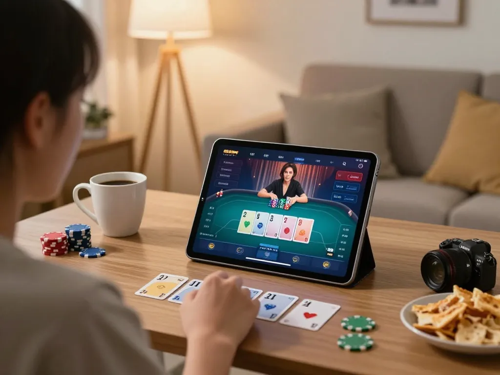 Sunwingo poker app being played on tablet, showcasing an engaging game with cards and chips in focus.