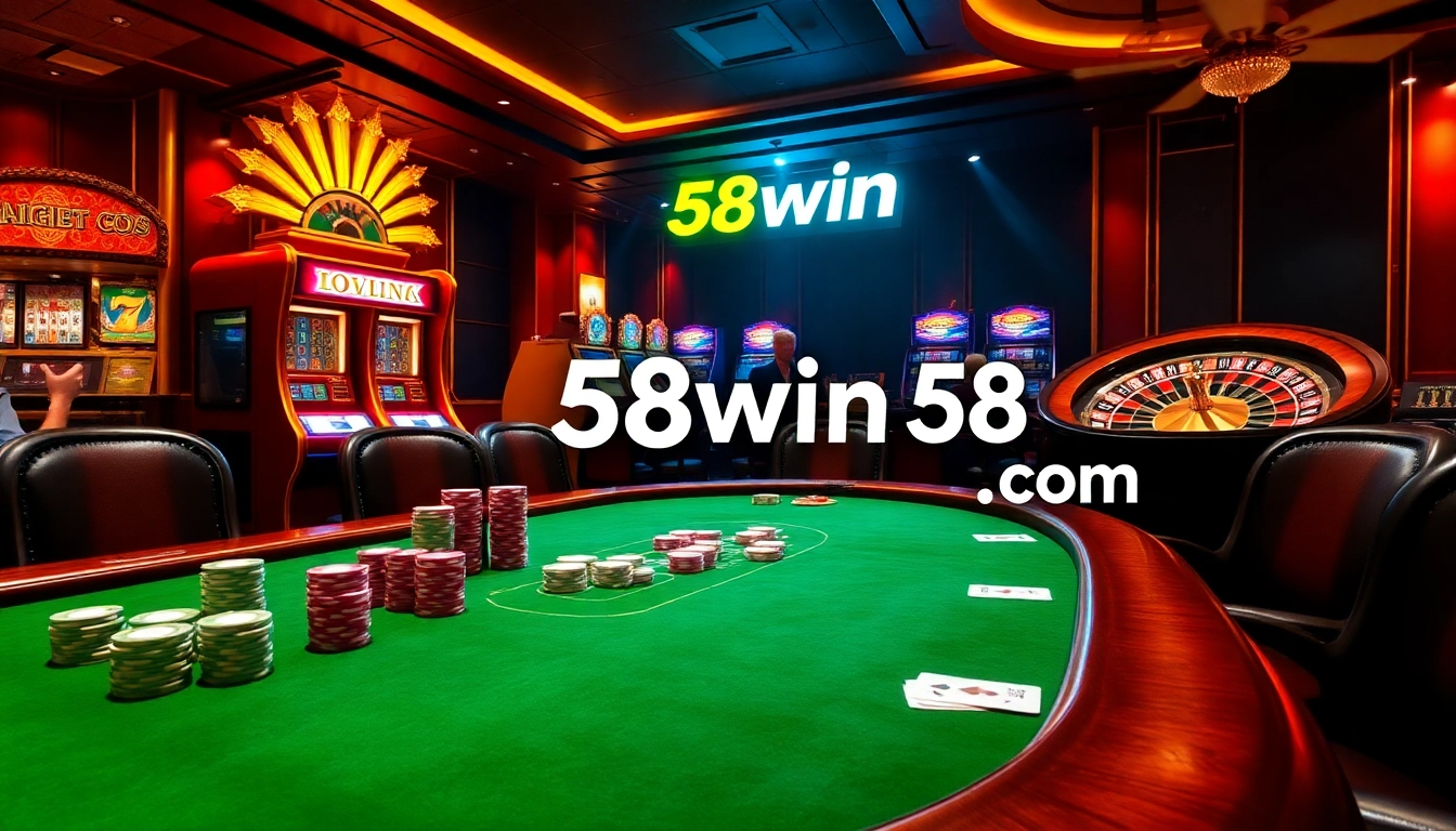 Exciting casino action at 58win com with vibrant poker games and slot machines lighting up the scene.