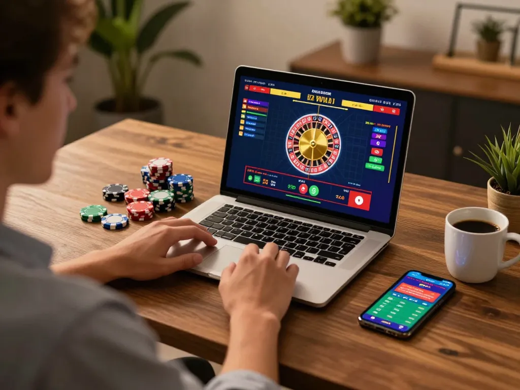 Engaging online gaming setup at https://777x.bid/ showcasing roulette gameplay on laptop with chips and phone app.