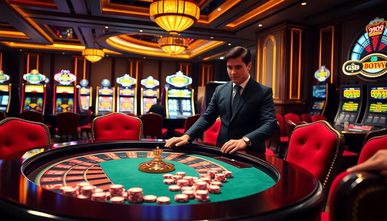 Experience the excitement of G28 casino with vibrant slot machines and a roulette table.