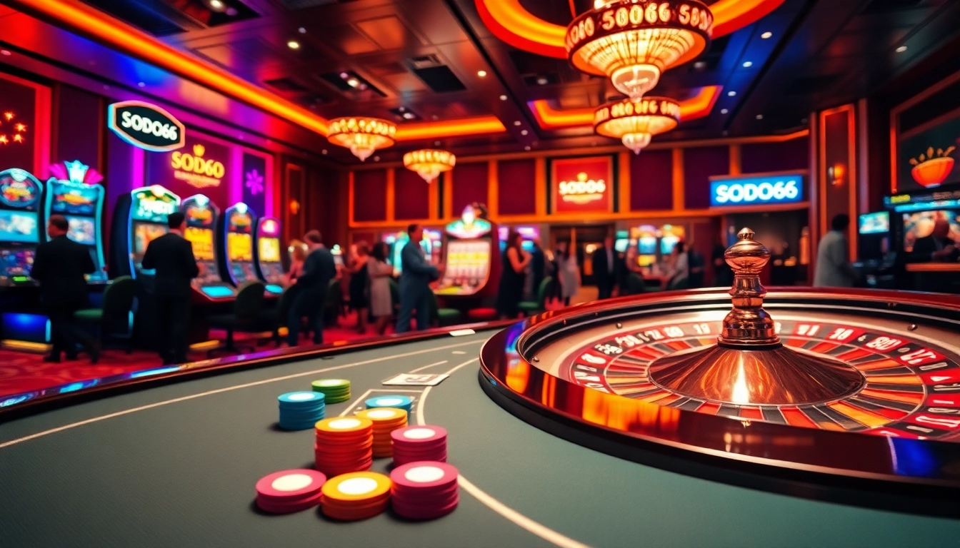 SODO66 casino scene with poker tables, roulette wheels, and vibrant slot machines.