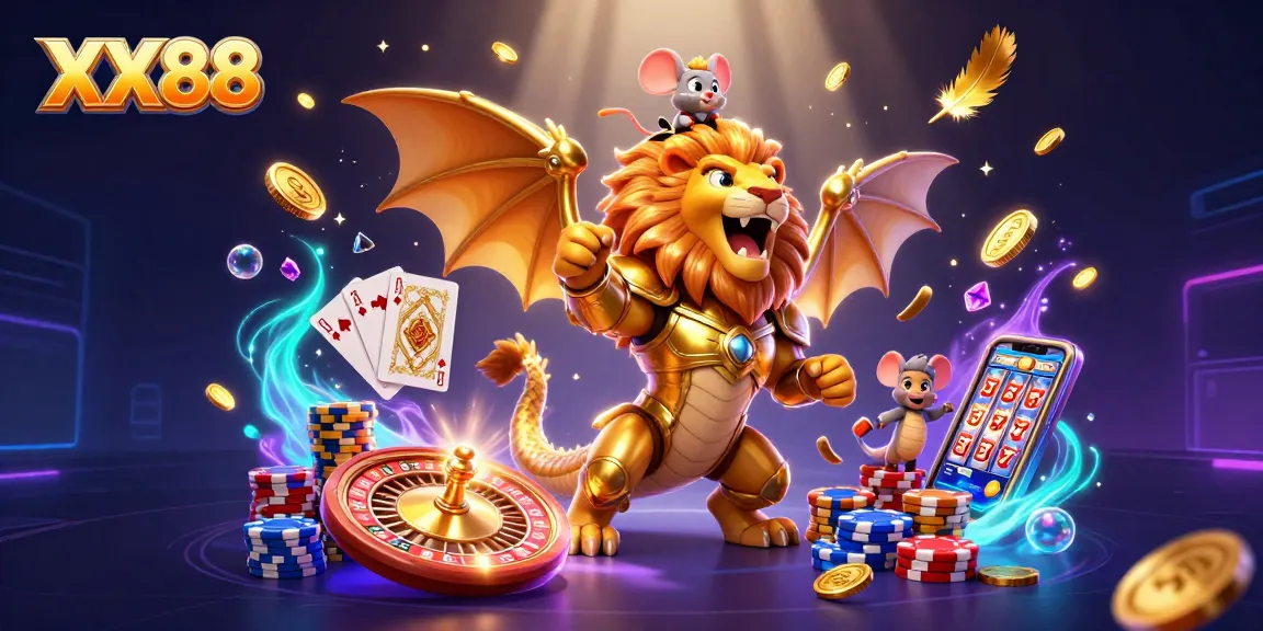 Experience the thrilling gaming adventure with XX88, featuring a chimera creature and dazzling casino elements.