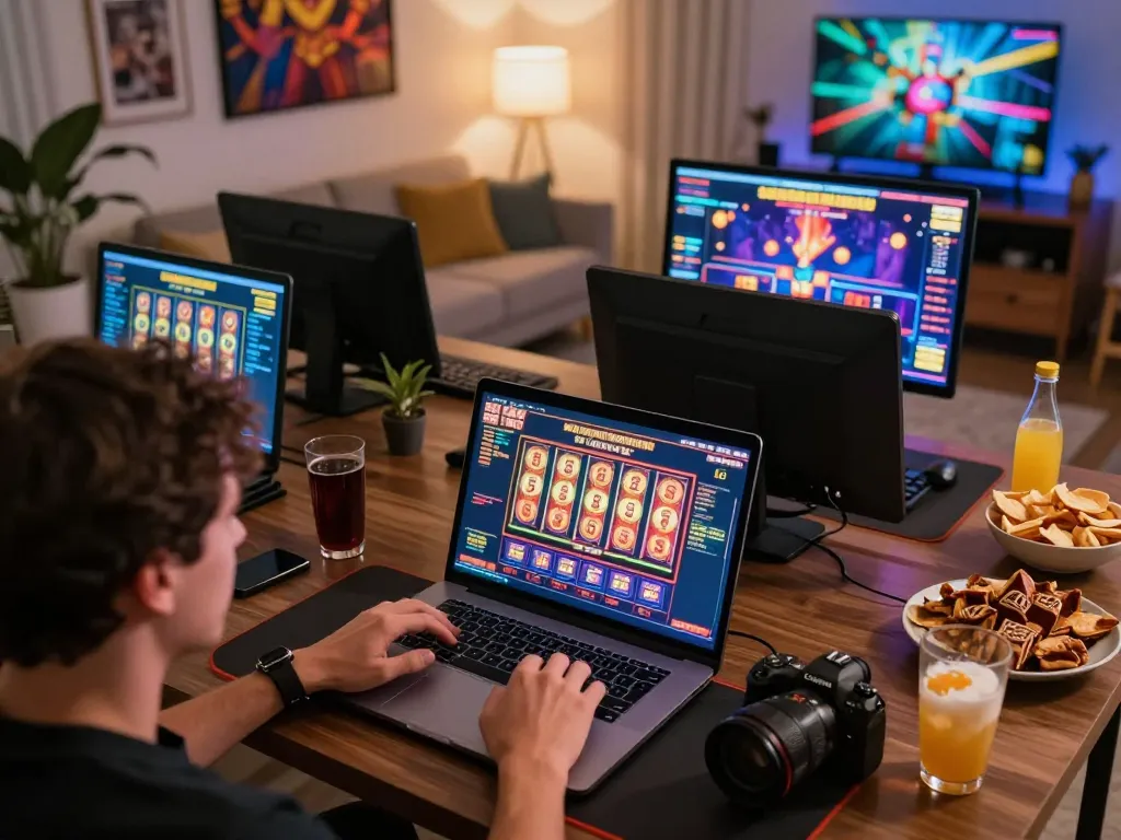 Exciting online gambling scene showcasing how users engage with okfun gaming on their laptops at home.