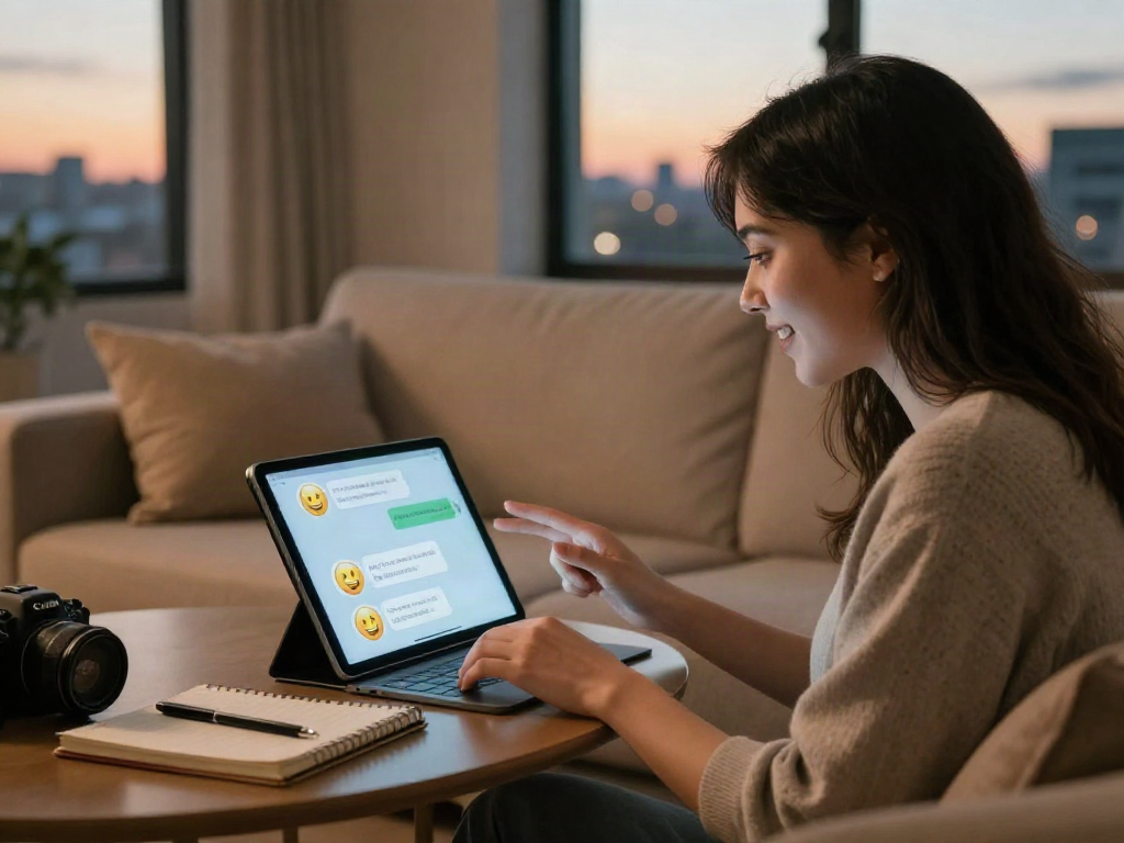 A young woman enjoying time with her AI girlfriend through a tablet, showing emotional connection.