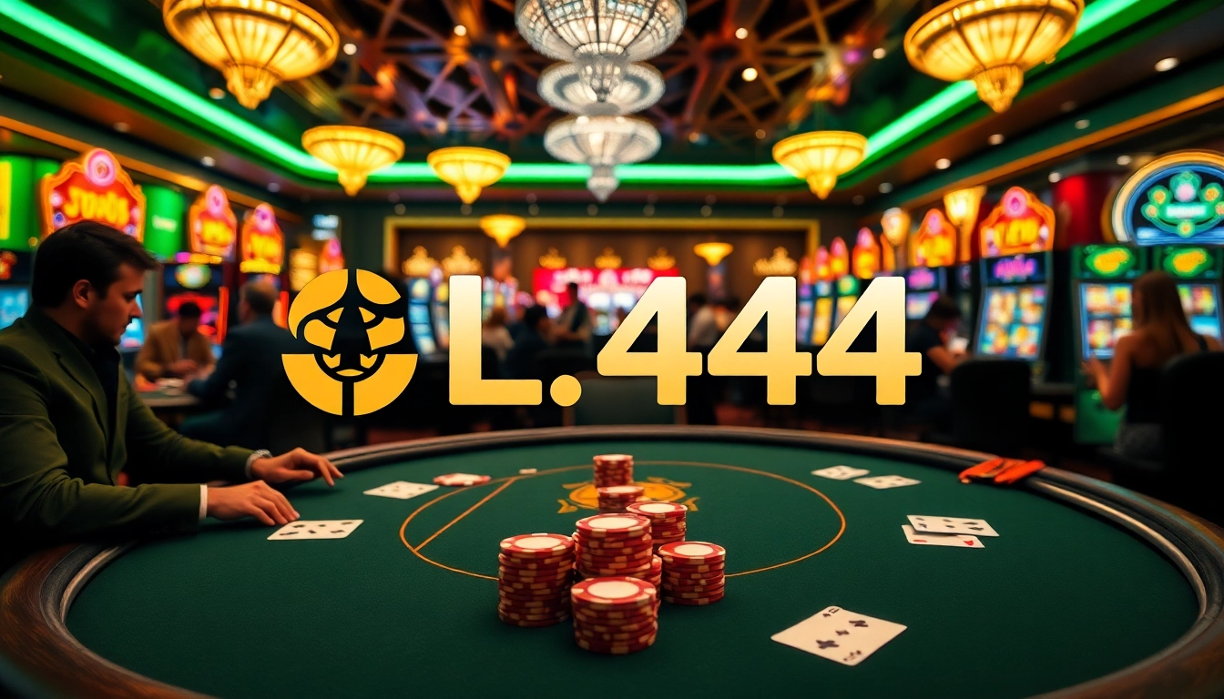L444 online casino scene with poker action and vibrant slot machines