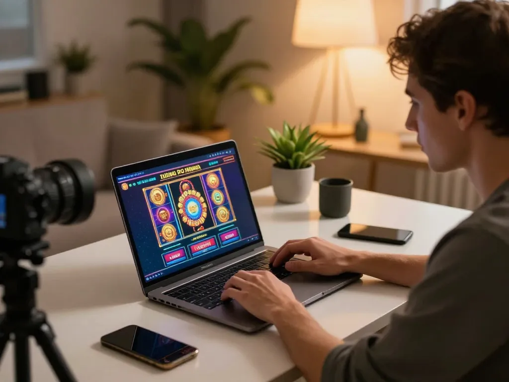 Player enjoying online slot games at home with laptop on desk, showcasing strategic gameplay