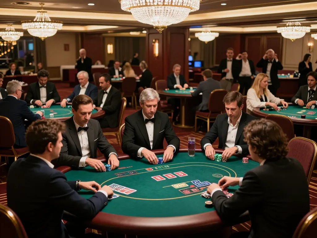 TR88 high-stakes poker room with intense gameplay, professional dealers, and elegant decor