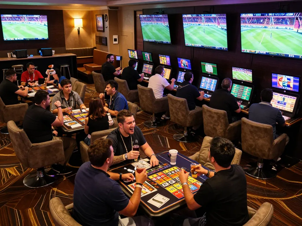 Engaged bettors analyze odds at keonhacaii88's lively sports betting lounge.