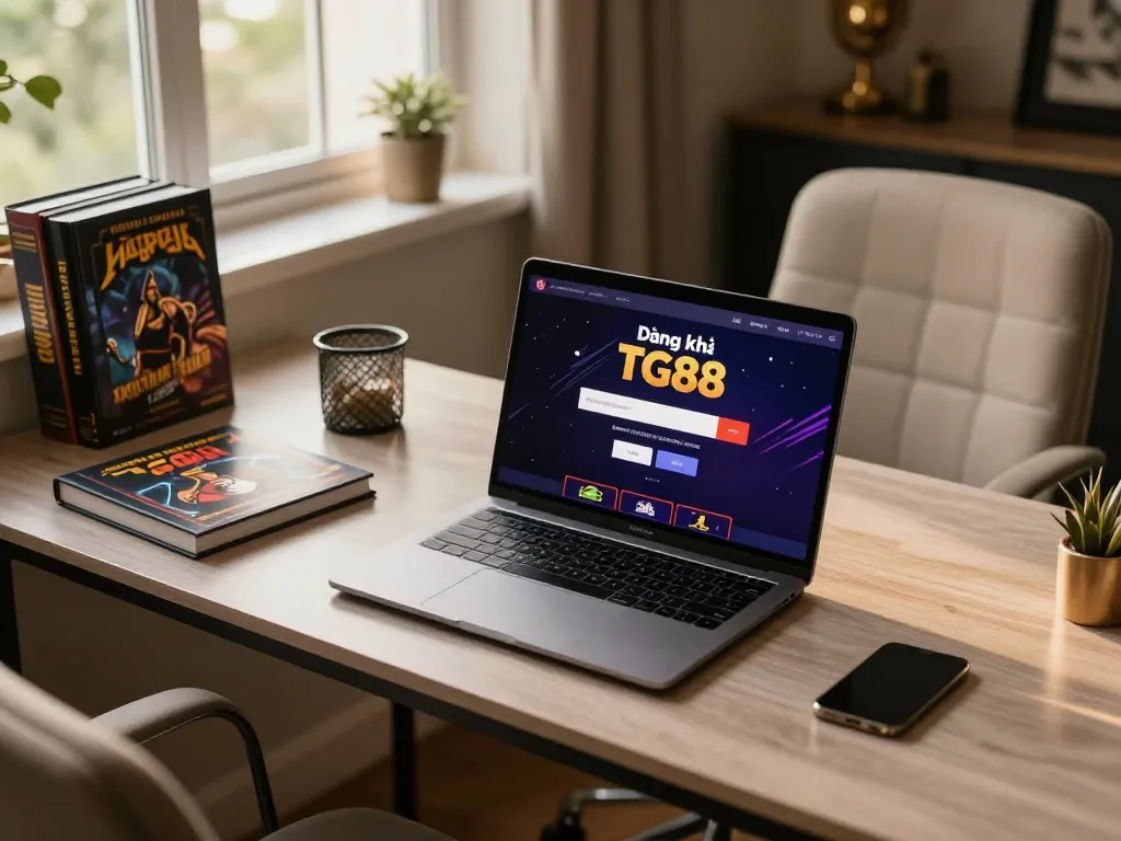 Register for Đăng ký TG88 on a stylish laptop showcasing online casino gameplay and strategy notes.