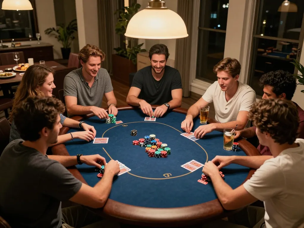 king88 players enjoying a lively poker game in a cozy home setting with warm lighting and friendly competition.